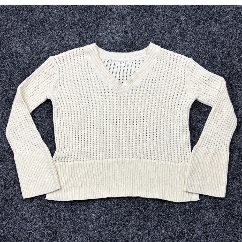GAP Open Stitch Sweater Womens XS Ivory Frost V Neck Crochet Knit Pullover